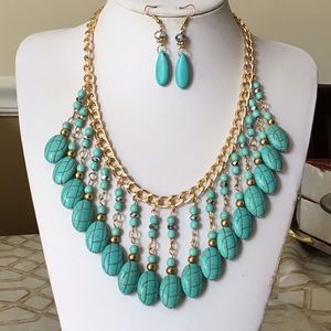 Turquoise Stone Cracked Look Drops Necklace